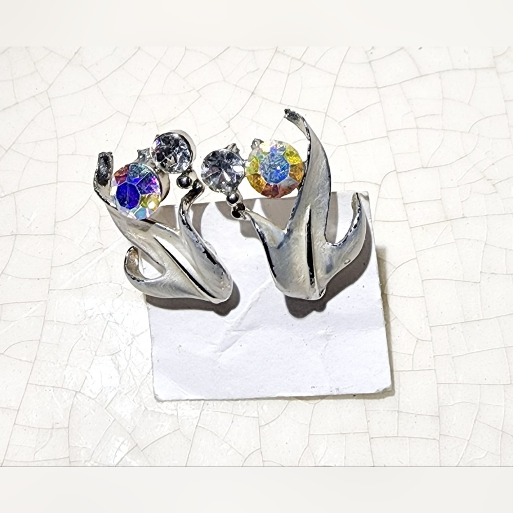 Luxurious Silver Aurora borealis stone flower stem earrings